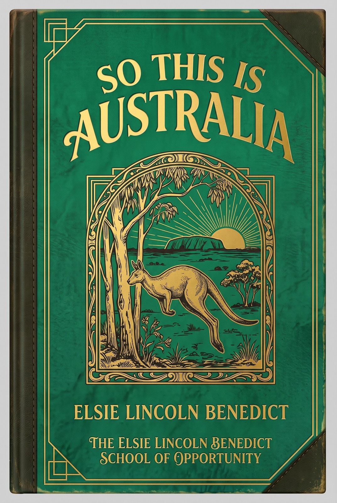 Illustrative green and gold So This Is Australia concept cover with kangaroo artwork