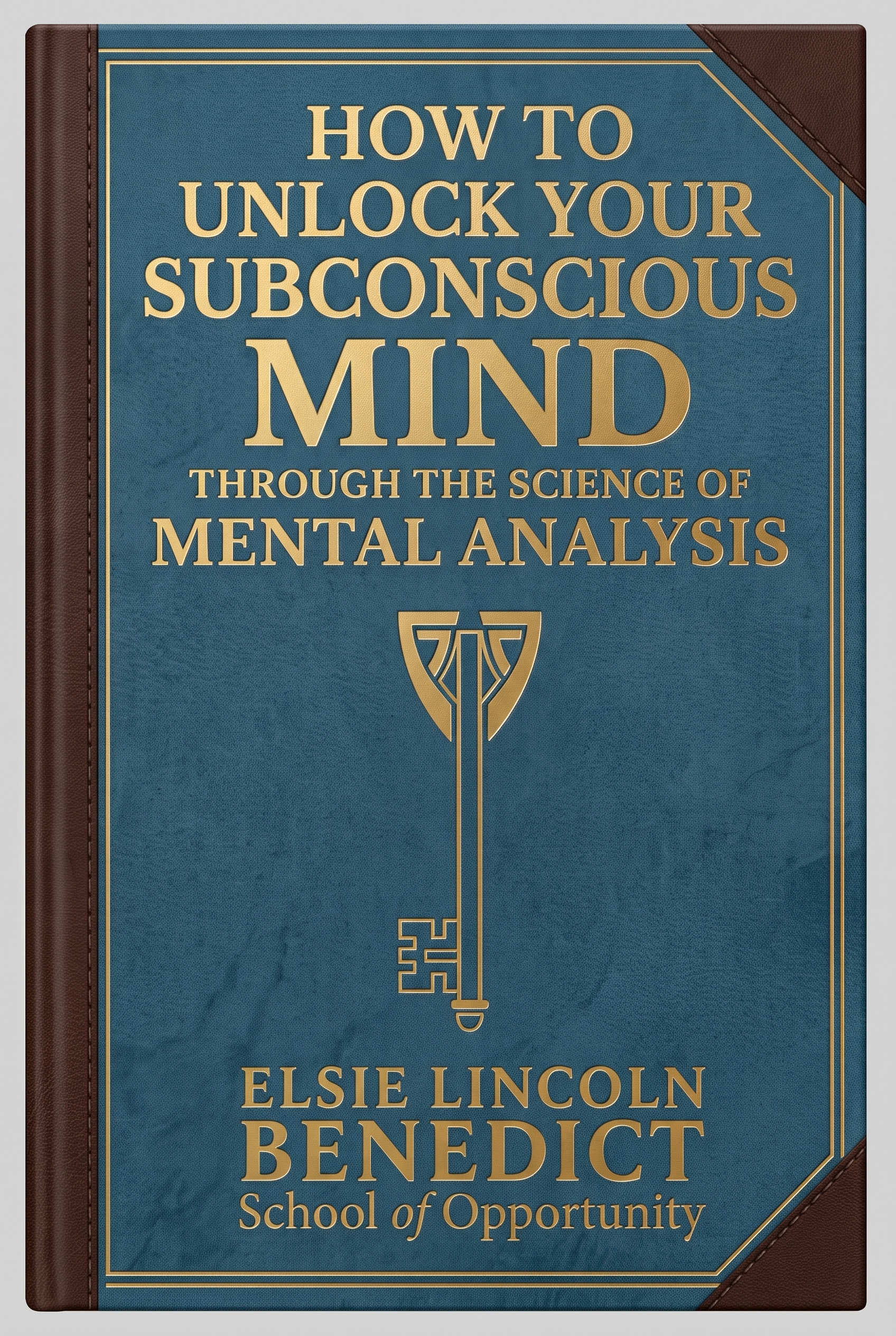 Teal and brown leather-style book concept with gold title, a gold key, and Elsie Lincoln Benedict School of Opportunity branding